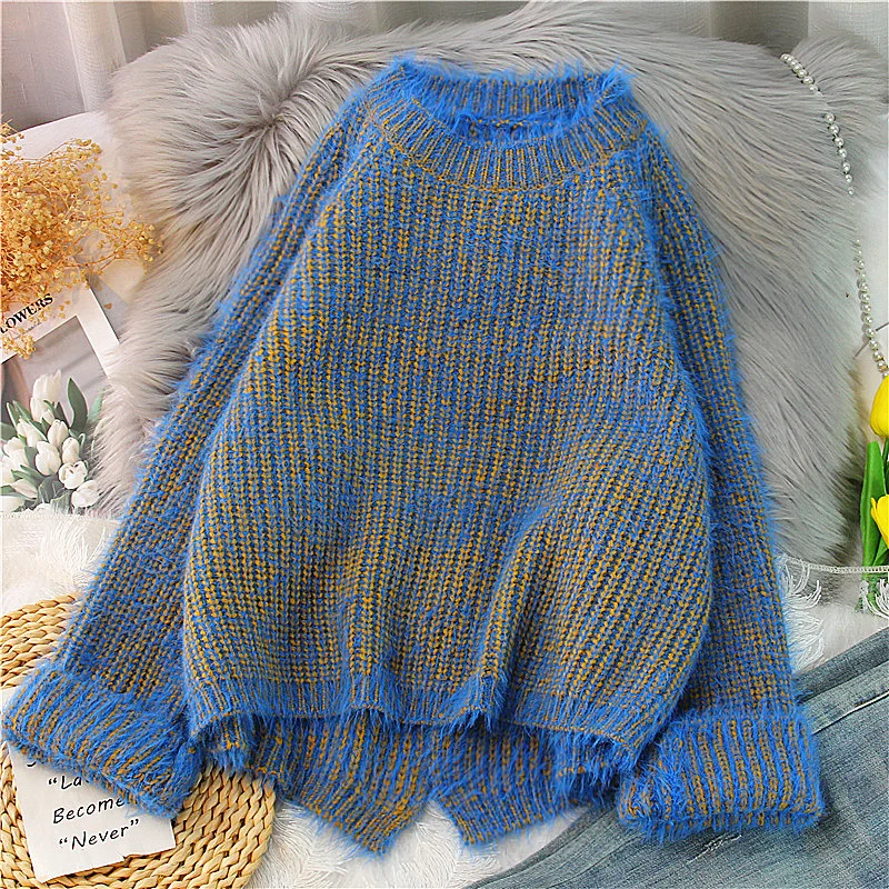 

Mohair Sweater Women Solid Blue O-neck Pullover 2021 New Kpop Jumper Knitted Top Harajuku Split Loose Chic Sweaters
