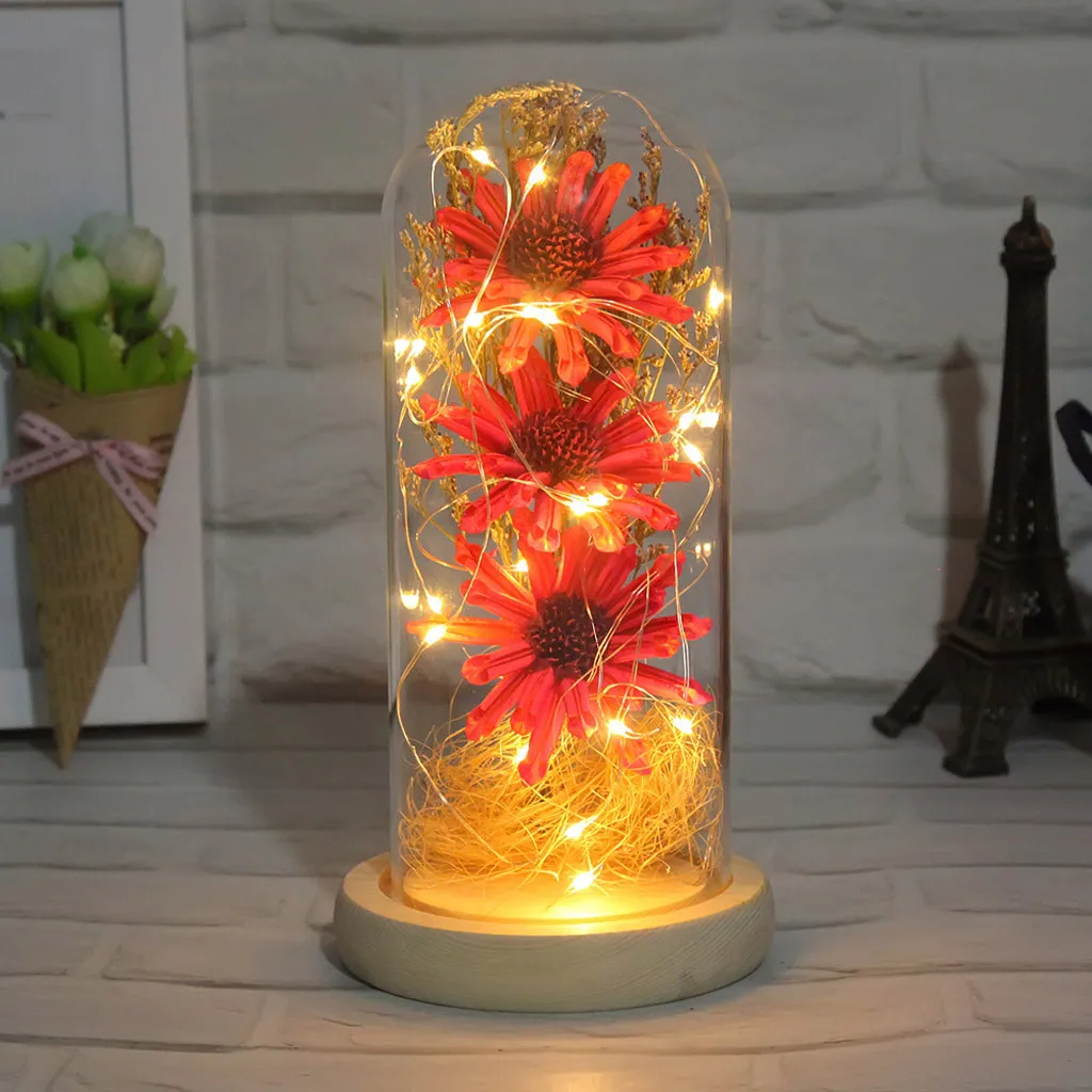 

LED decoration present Romantic Simulation Sunflower Flower Glass Cover LED Micro Landscape Gift Valentine's Day
