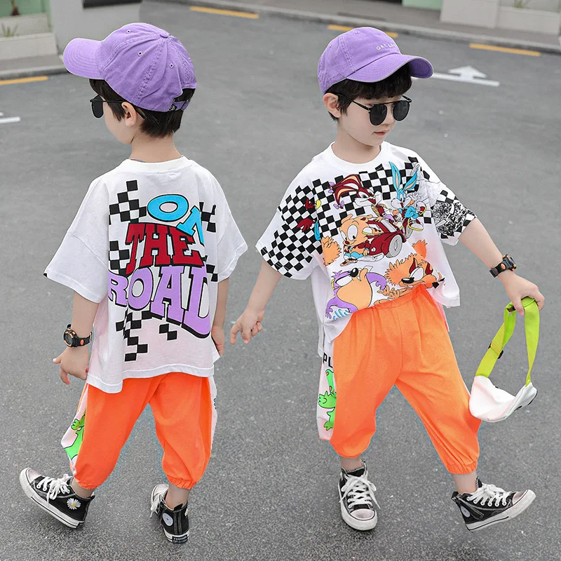 

2021 Summer New Kid Boy Korean Version Set Cartoon Letter Color Printing Children's Fashion Short-sleeved Two-piece Sets BT92