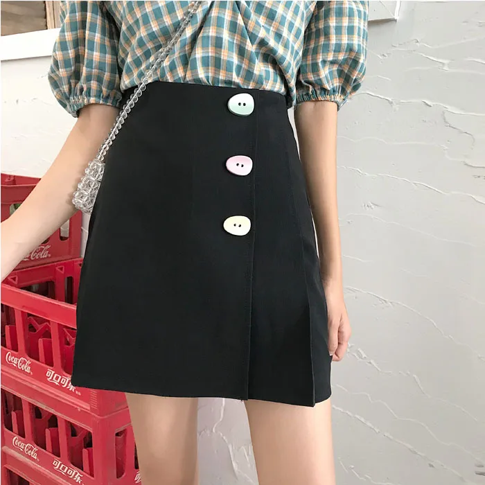 Женская юбка с высокой талией повседневная черная мини-юбка на пуговицах в