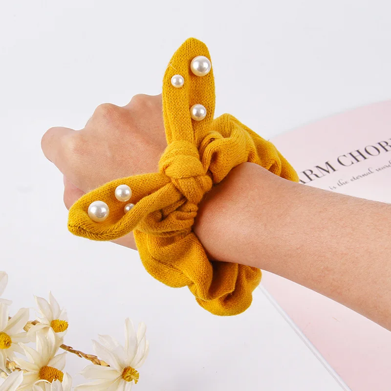 Резинка для волос с жемчугом женская модная однотонная шерстяная эластичная