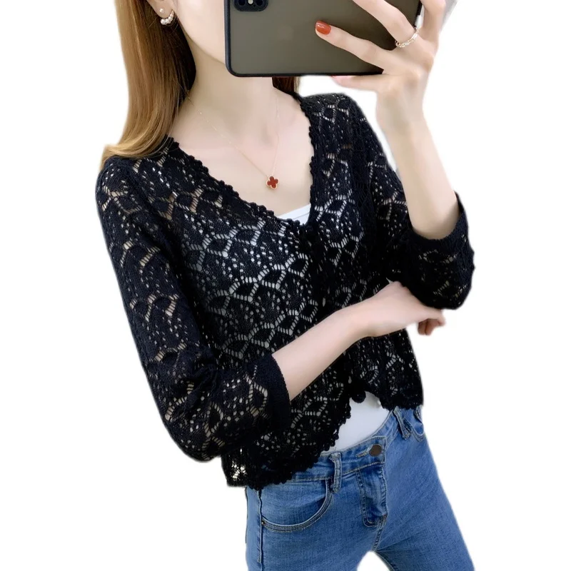 

20137 (5, 7) 5 collaosed v-neck pure color hollow-out knitted cardigan 34