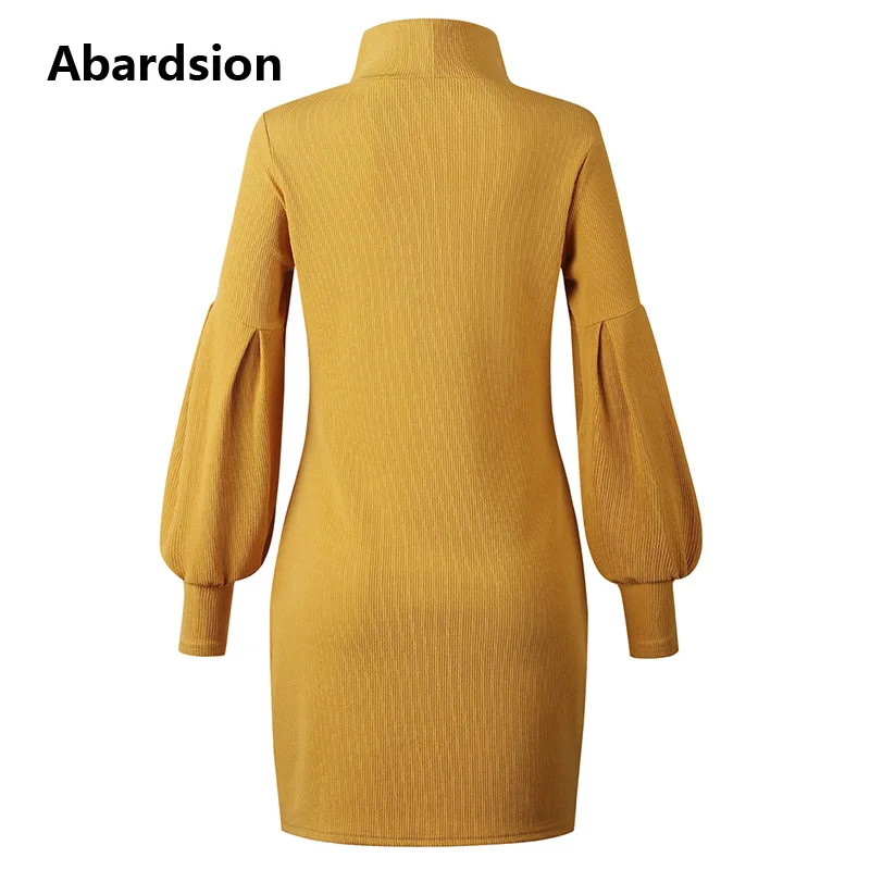 Abardsion Women Sweater Dress Autumn Winter Clothes 2019 Female Casual Loose Pink Puff Long Sleeve Turtleneck Knitted Dresses | Женская