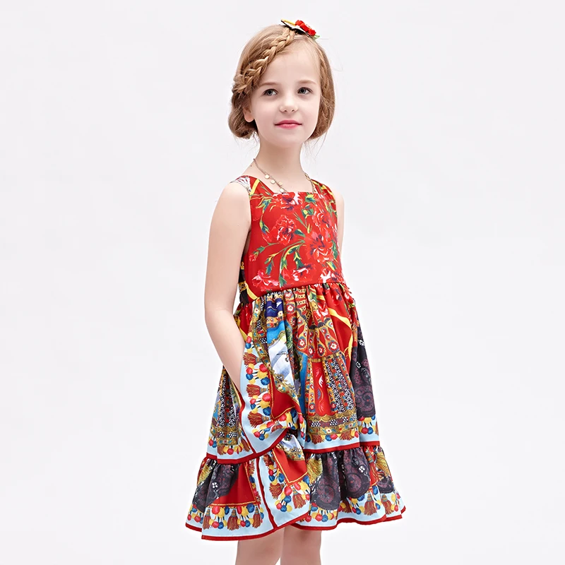 Beenira Girl Princess Party Dress European and American Style 2020 Brand Red Floral Printed Kids for Girls Clothes 4-14Y | Детская