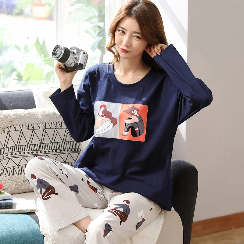 M L XL XXL 3XL 4XL 5XL Женская одежда для сна с длинным рукавом, хлопок, комплекты одежды для сна, осенние пижамы, женские пижамы