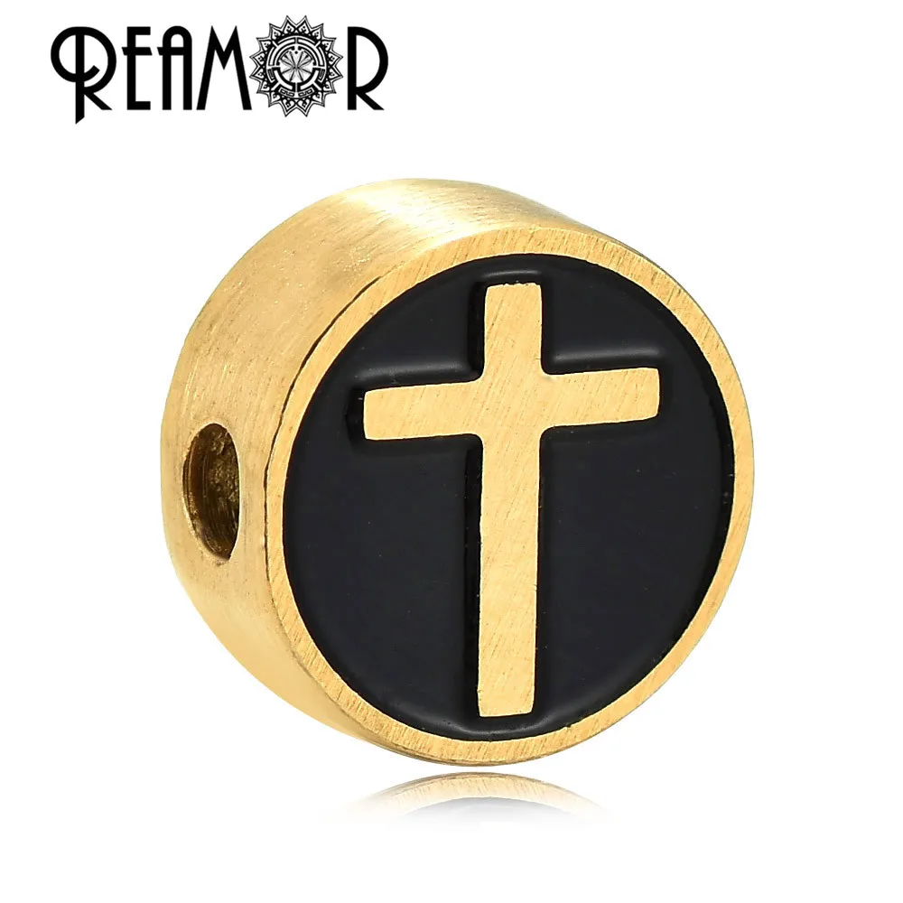 REAMOR Luxury Black Golden Plated Round Cross Beads 316l Stainless Steel Spacer For DIY Beaded Bracelets Jewelry Making | Украшения и