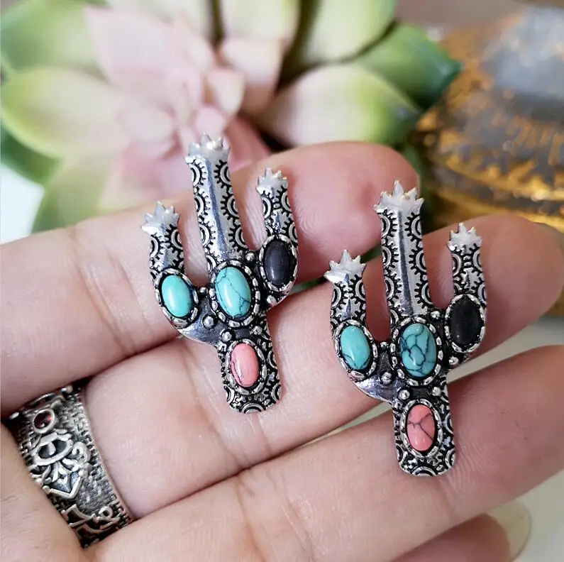 Earrings D341 Винтажные милые кактусы завод серьги гвоздики для женщин Бохо этнические металлические серебряные натуральный камень сладкий Девушка Серьги Brincos Bijoux Z4D341 - Окраска металла: Earrings D341