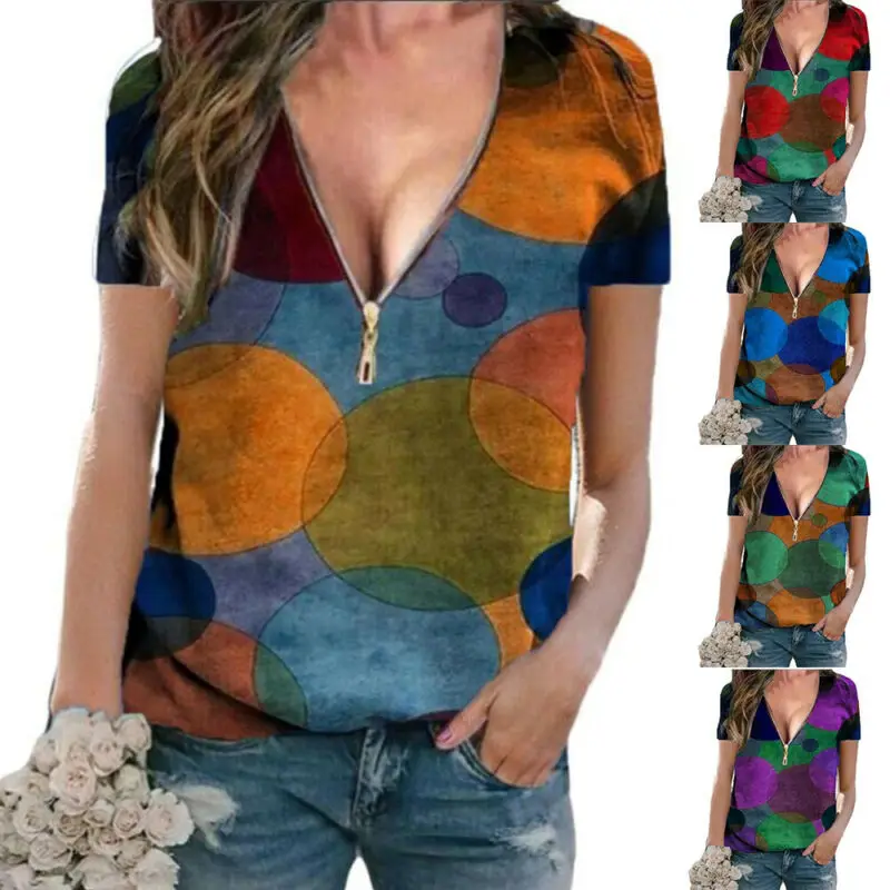 

Женская футболка с коротким рукавом, V-образным вырезом и принтом в горошек