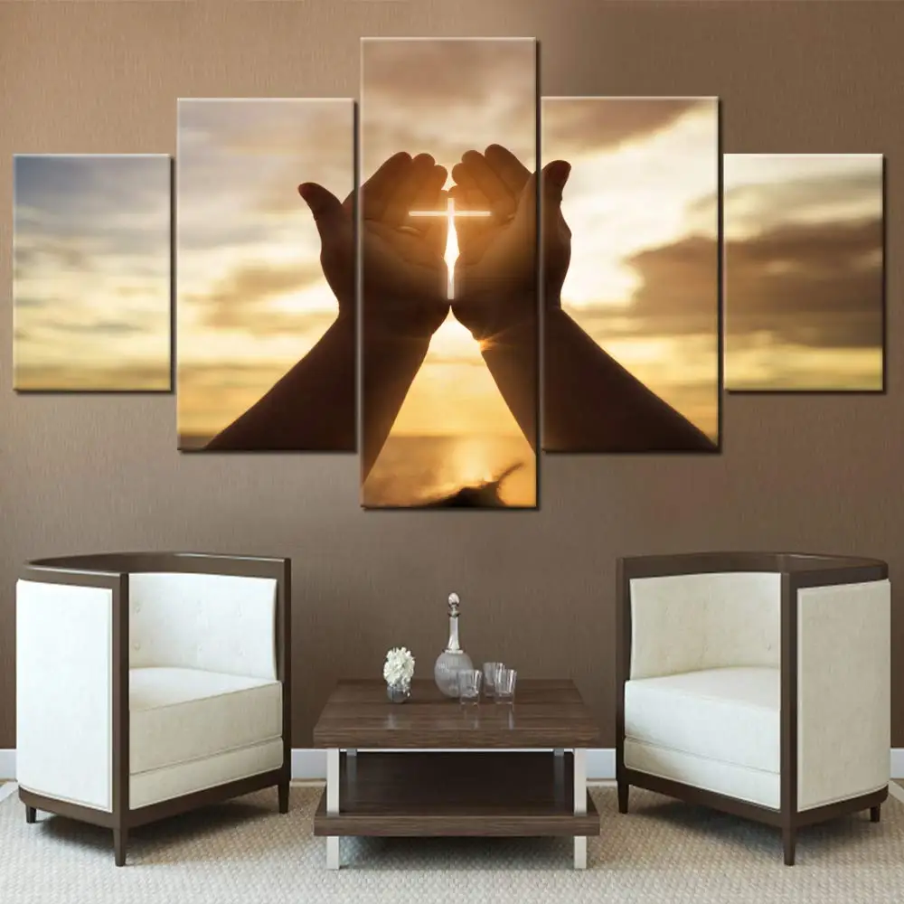 

5 Pieces Wall Crosses Decor Jesus Hands Prayer Paintings Wall Art for Living Room Christian Pictures Canvas Modern Home Decor