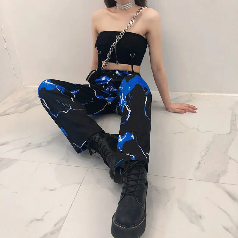 

Student 00 90s Spring And Summer Traf Casual Loose Wide-Leg Pants Harajuku Women's Pants Retro Lightning Print Pants Women