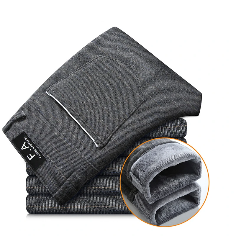 Mens Winter Fleece Warm Pants Men Korean Casual Slacks Slim Warm Thick Pants for Men Fashion Black Gray Blue Trousers Male,688