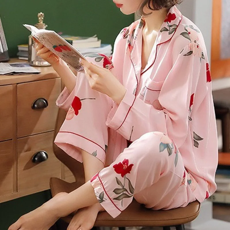 Pajamas Set Female Spring and Summer New Style Women's Casual Fold-Down Cardigan Long Sleeve Large Size Cartoon Nightshirt Girl