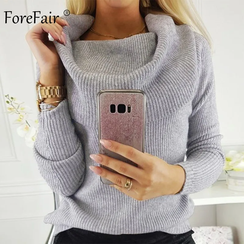 Forefair, вязаный свитер с воротником, зима, белый, черный, хаки, тонкая водолазка, трикотаж, Осенний Женский пуловер - Цвет: Gray Sweater