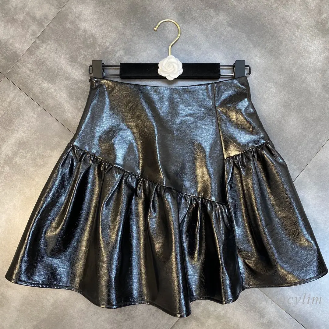 

Black Pu Skirt for Women 2021 Autumn and Winter Pleated Ruffled Bright Leather Skirts Lady Slimming All-Match