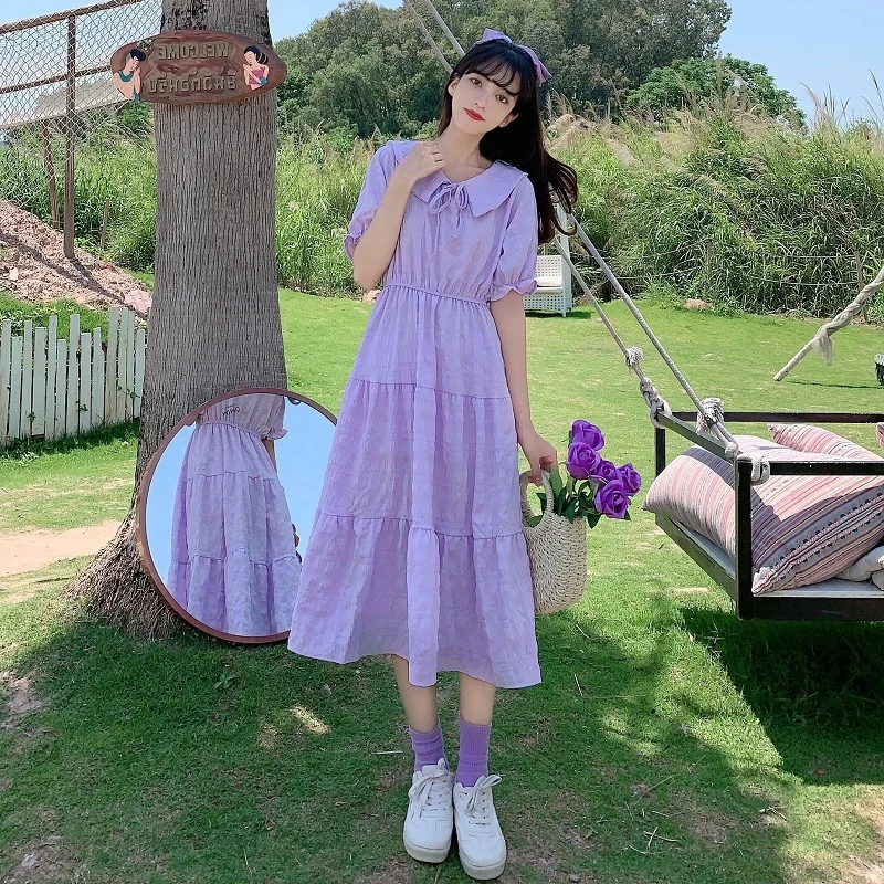 

Женское летнее длинное платье, однотонное шифоновое платье-трапеция с воротником «Питер Пэн», приталенная юбка с облегающей талией