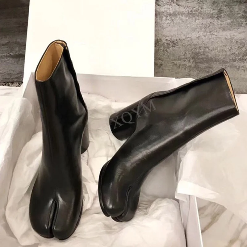 

Women Split Toe Genuine Leather Ninja Tabi Boots Closure Type Ankle Boot Round Toe Lady High Heels Sheep Feet Shoes Hook Loop
