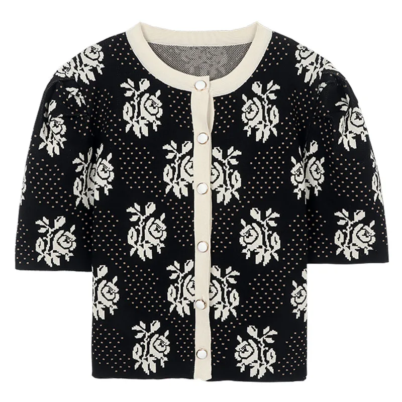 

Hollow Out Flowers Sweater Fashion Patchwork Coats Korean 2021 Summer New Knitting Cardigans O Neck Short Puff Sleeve