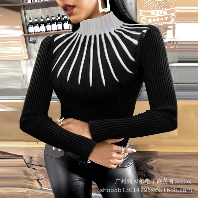 

WEPBEL Women Winter Thick Patchwork Color Knitted Skinny Pullover Sweater Top Ladies Elegant Turtleneck Slim Fit Knitwear Top