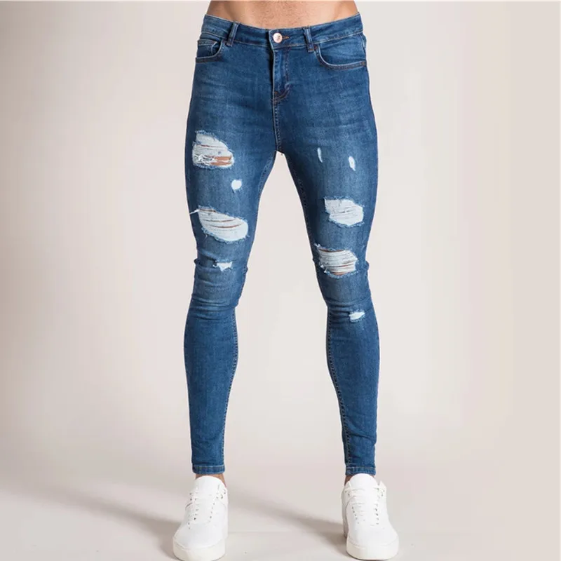Мужские Узкие рваные джинсы 2021 модные хип-хоп синего джинсового цвета Классический бренд мужские джинсы высокого качества узкие эластичны...