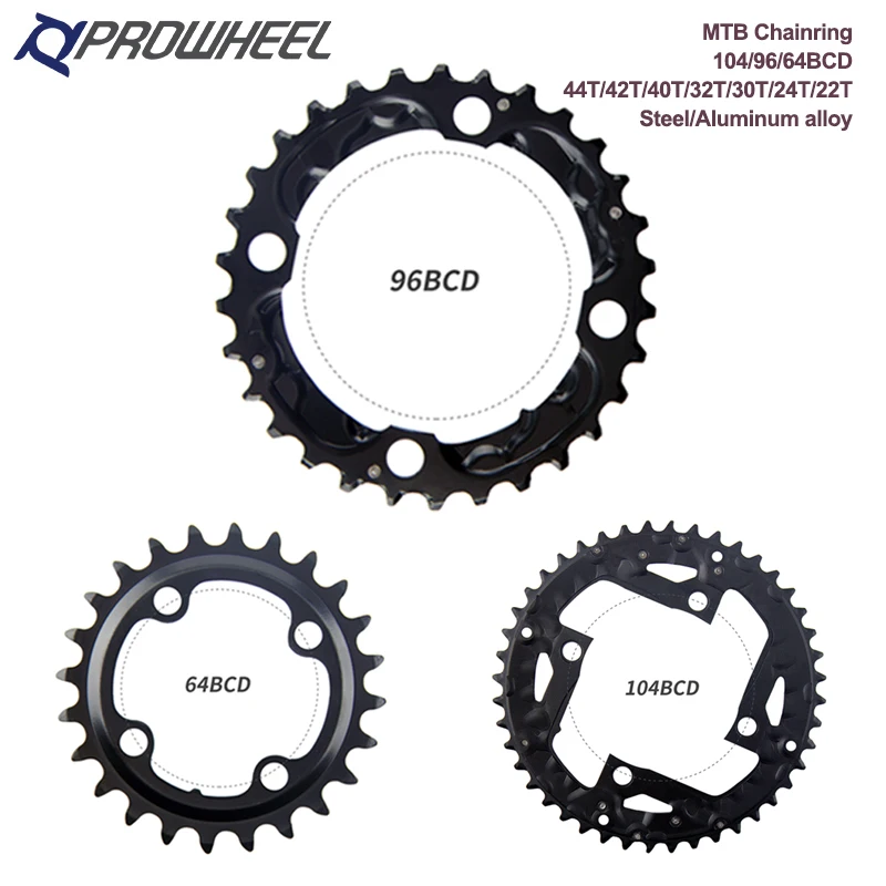 PROWHEEL 104/96/64BCD Round Chainring MTB Bike Chainwheel 22/24/30/32/40/42/44T Mountain Bike Crankset Al Alloy Tooth plate Part