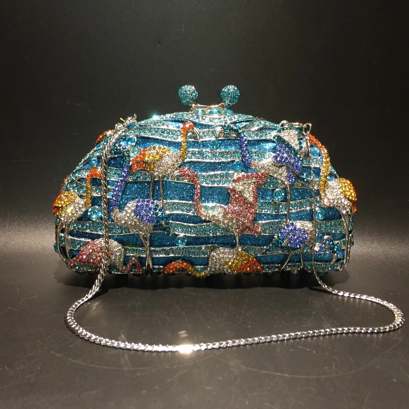 

2021 new women bag flamingo diamond bag corrugated metal crystal evening bag handmade diamond ladies bag diamond sparkle bag