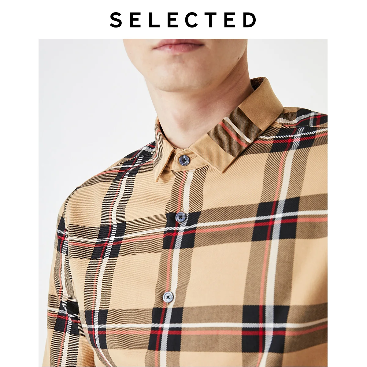 SELECTED Men's 100% Cotton Checked Retro Plaid Long-sleeved Shirt S|419405529 | Мужская одежда