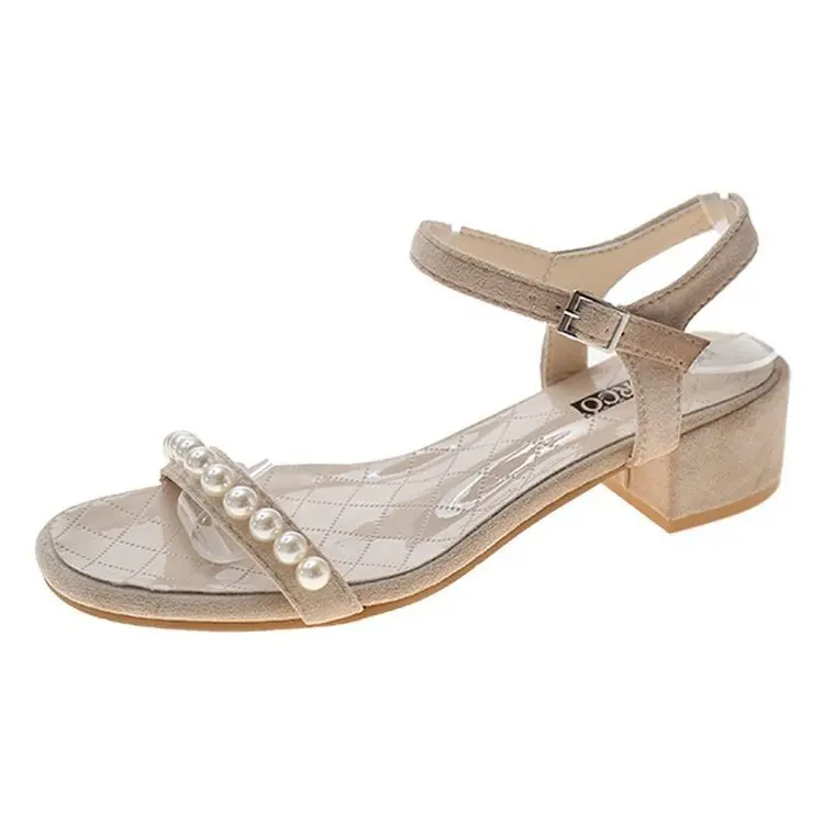 

Female Sandal Buckle Strap Comfort Shoes for Women 2021 Summer Open Toe Clear Heels Girls New Peep Pearl Fashion Low Beige