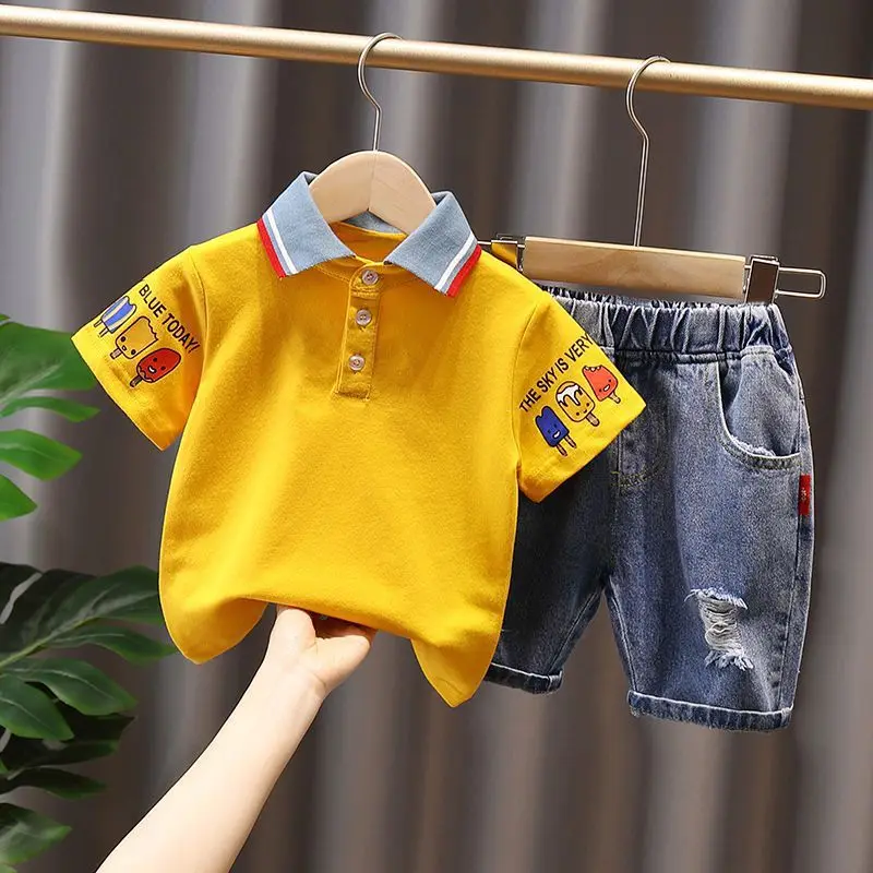 

New Summer Kids Gentleman Clothes Boys Suit Casual T-Shirt cowboy Shorts 2PC Infant Children Clothing set Toddler Sportswear1-7Y