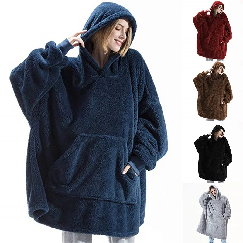 Winter Oversized Hoodies Blank Fleece Warm TV Blanket with Sleeves Pocket Plush Thick Giant Hoody Long Sweatshirt