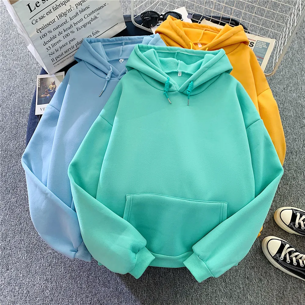 

Толстовка с капюшоном Женская однотонная, Свитшот в Корейском стиле, уличная одежда, женский зимний бархатный пуловер, кавайная Толстовка в стиле Харадзюку