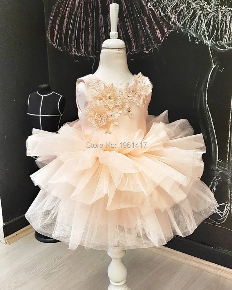 

High Quality Flower Girl Dress For Wedding 3D Floral Appliques Zipper Back Dress For Elegant Princess AG0311