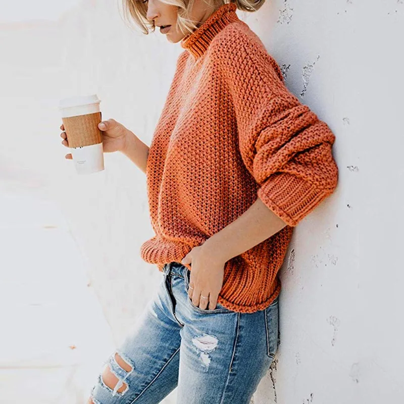 

New Autumn Winter High Neck Knitted Women's Thick Thread Solid Color Pullover Sweater