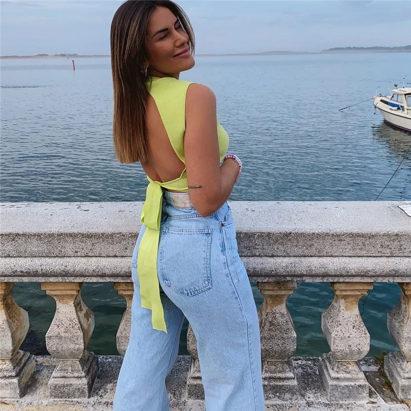 Женский элегантный зеленый Трикотажный жилет с открытой спиной лето 2021 Милые