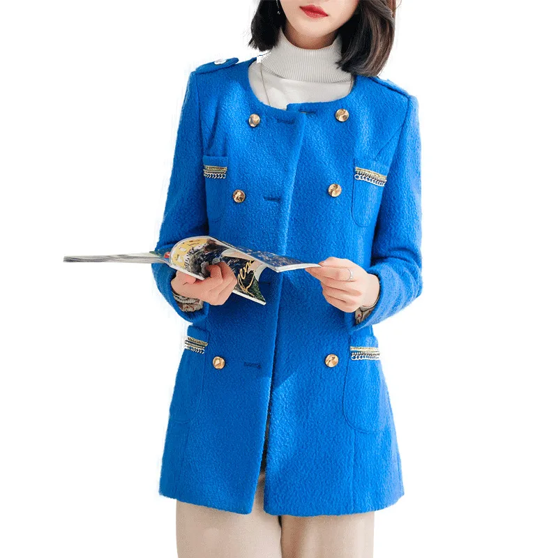 Женское длинное шерстяное пальто синее элегантное на осень и зиму 2020 KJ2386 |