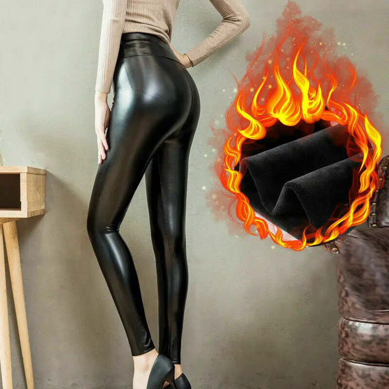 

Women Black Stretch-Fit Faux Leather Shaper High Waist Leggings PU Pants Warm
