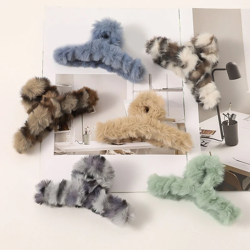 

Plush Hair Claws Winter flurry Hair Claws Autumn Hairpins Candy Color Faux Rabbit fur Hair Accessories Cross Hair Clip Plush