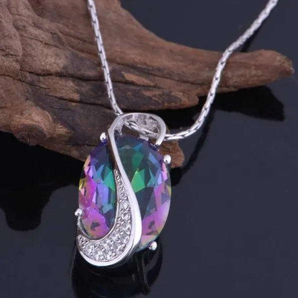 Luckyshine New Arrive Oval Fire Rainbow Created Stone Silver Plated Wedding Chain Necklaces Russia USA Canada Pendants | Украшения и
