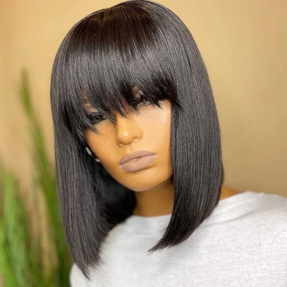 

Короткий парик из человеческих волос Боб с челкой, бахрома, дешево, полностью машинное изготовление, без клея, для черных женщин, прямой девственный бразильский вырез фея