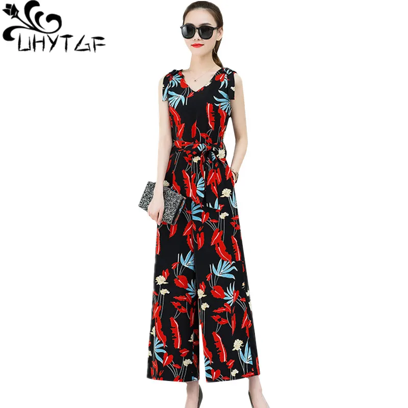 

UHYTGF rompers womens jumpsuit fashion Chiffon printing summer jumpsuit female high waist wide leg pants thin jumpsuit suit 866