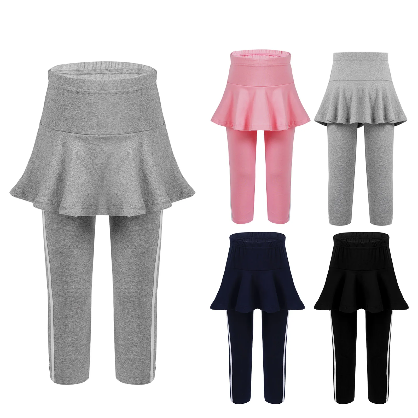 

Kids Girls Cotton Fake 2 in 1 Skirt Pants Elastic Waistband Skirt Hem Stripes Print Side Leggings for Dance Running Skirt Pants