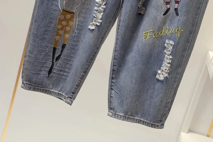 

Elastic waist print denim jeans for Womens korean fashion Female jeans elastic waist nine points Harem pants plus size pants