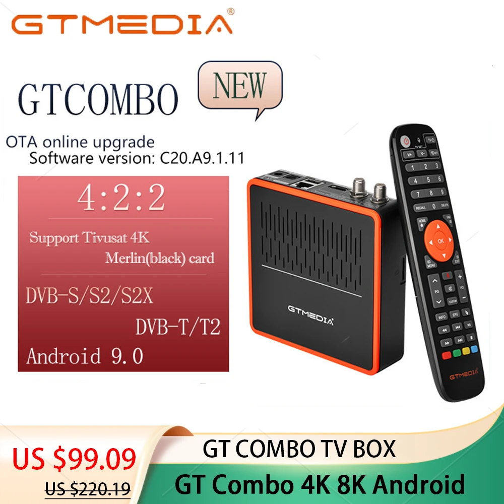 

ТВ-приемник GTMEDIA GT COMBO 4K 8K, спутниковый ТВ-приемник на Android 9,0, кабель DVB-S2 T2, 2 ГБ + 16 ГБ, встроенный Wi-Fi PK GTC, поддержка CCCAM, M3U