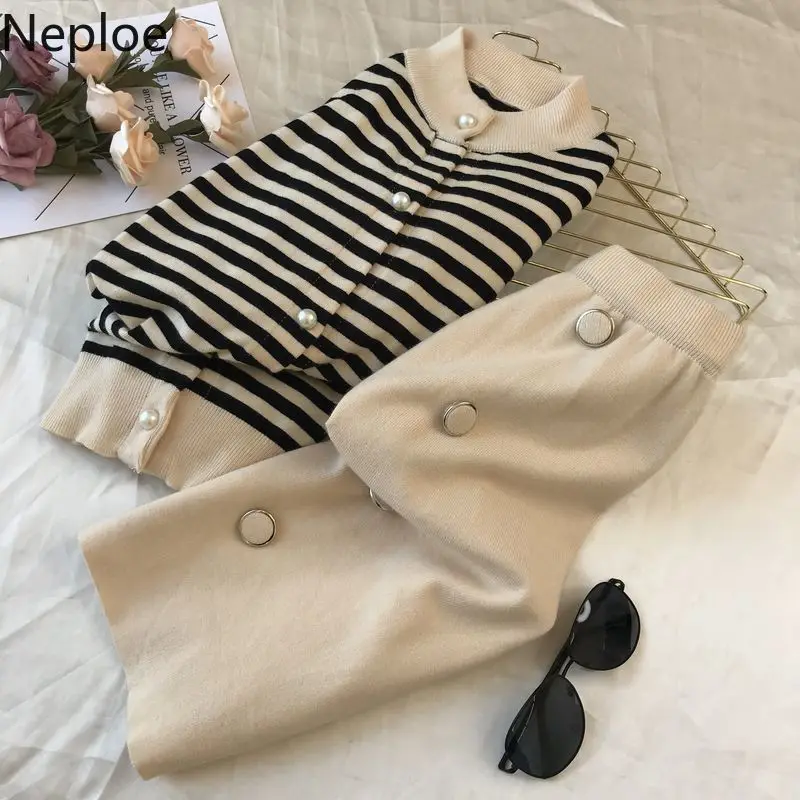 Neploe, маленький аромат, Chandal Mujer, винтажный, для взрослых, полосатый, вязаный, Женский комплект, Осень-зима, короткий кардиган+ широкие штаны, 46470