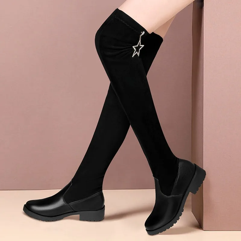 New Over-the-Knee skinny sexy high-heel boots winter knitting Round Toe velvet warm women's boots women thigh high flat boots