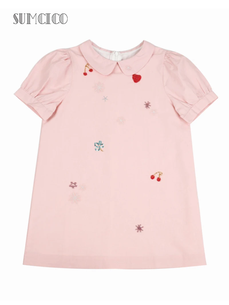 Хлопковое платье Sumcico для девочек с вышивкой бисером и блестками воротником в