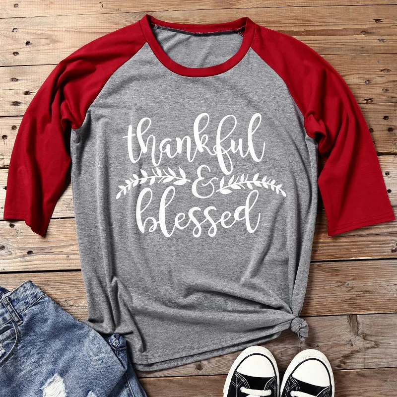 

Women T-Shirt 3/4 Sleeve T Shirt Fit Top Tees Fashion Thanksgiving Hipster Autumn