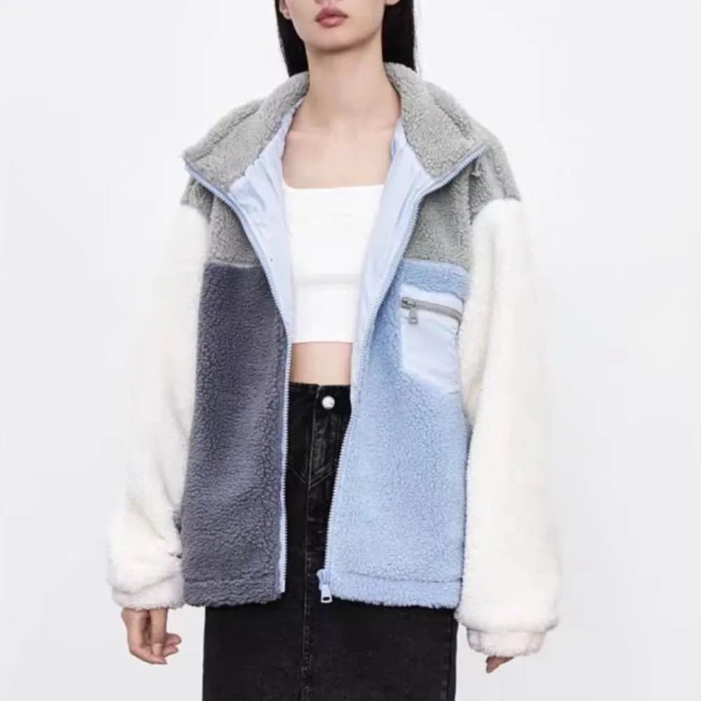 

Women's 2021 Autumn New Two-color Furry Contrast Stitching Short Thick Coat Fashionable Loose Casual Female Chic Jacket