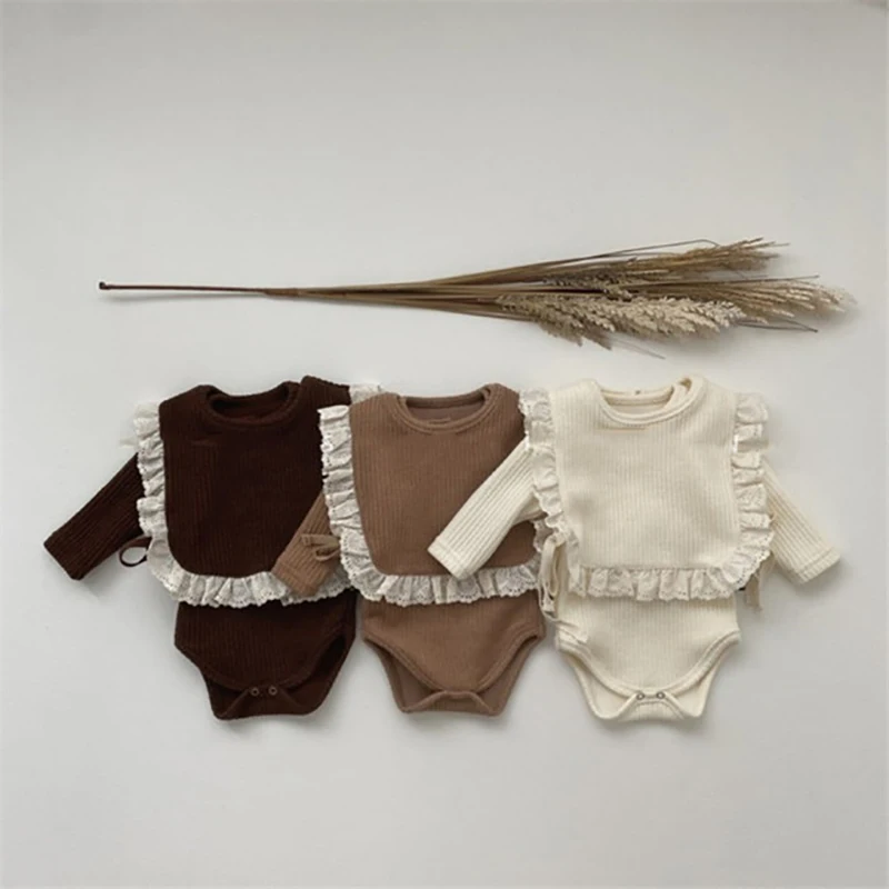 

Bear Leader Newborn Baby Spring Autumn Ribbed Solid Long Sleeve Casual Bodysuits Lace Bib 2PCs Infant Clothes suit