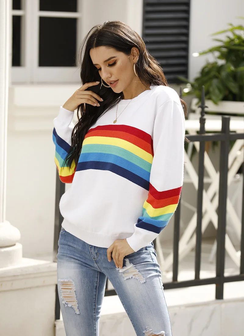 

European And American New Sweater Women 2020 Autumn Winter Student Bottoming Shirt Rainbow Contrast Stripe Pullover Sweater