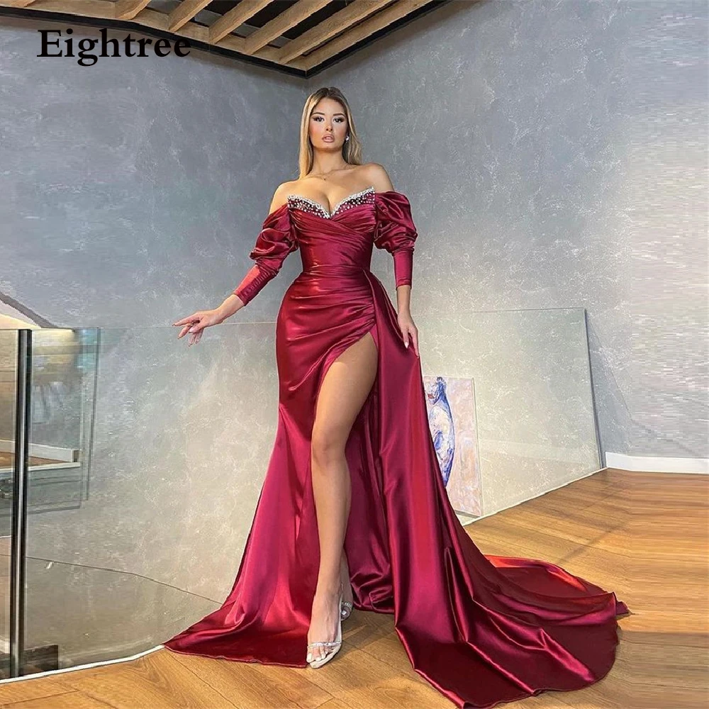 

Eightree Modern 2022 Wine Red Long A Line Prom Dresses Shiny Sequiens Short Sleeves Satin Evening Prom Gowns Formal Party Dress